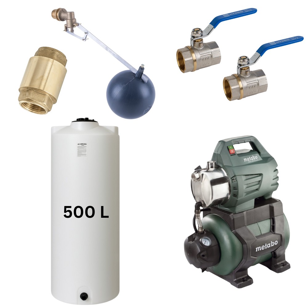 Kit "Agua potable 500L“ con depósito de agua Mavil (blanco, cilíndrico) y bomba hidrófora Metabo | Depositos de agua potable |  |