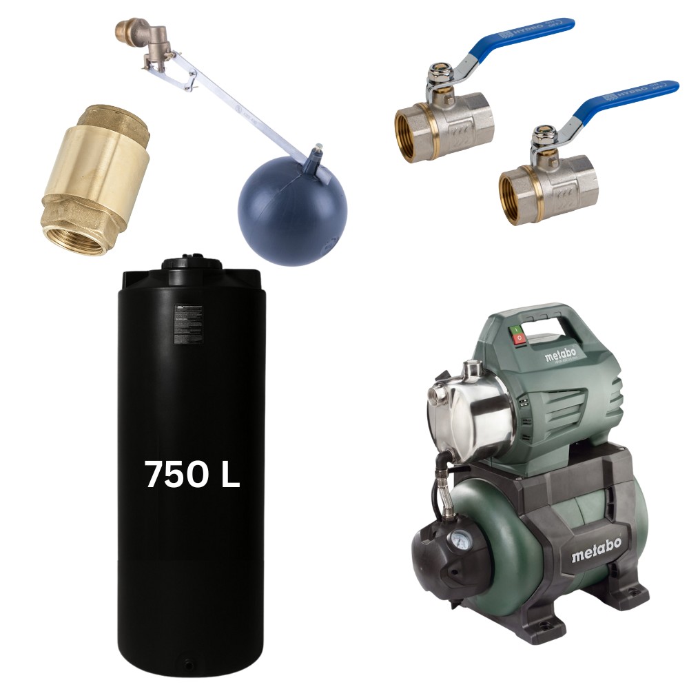 Kit "Agua potable 750L“ con depósito de agua Mavil (negro, cilíndrico) y bomba hidrófora Metabo | Depositos de agua potable |  |