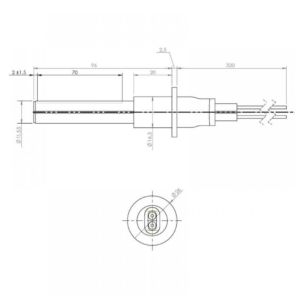 Resistencia de encendido / calefacción cerámica para estufa de pellets MCZ, RED y otras, longitud total 107 mm, 315 W | Resistencias para estufas de pellets | Repuestos estufa de pellets |
