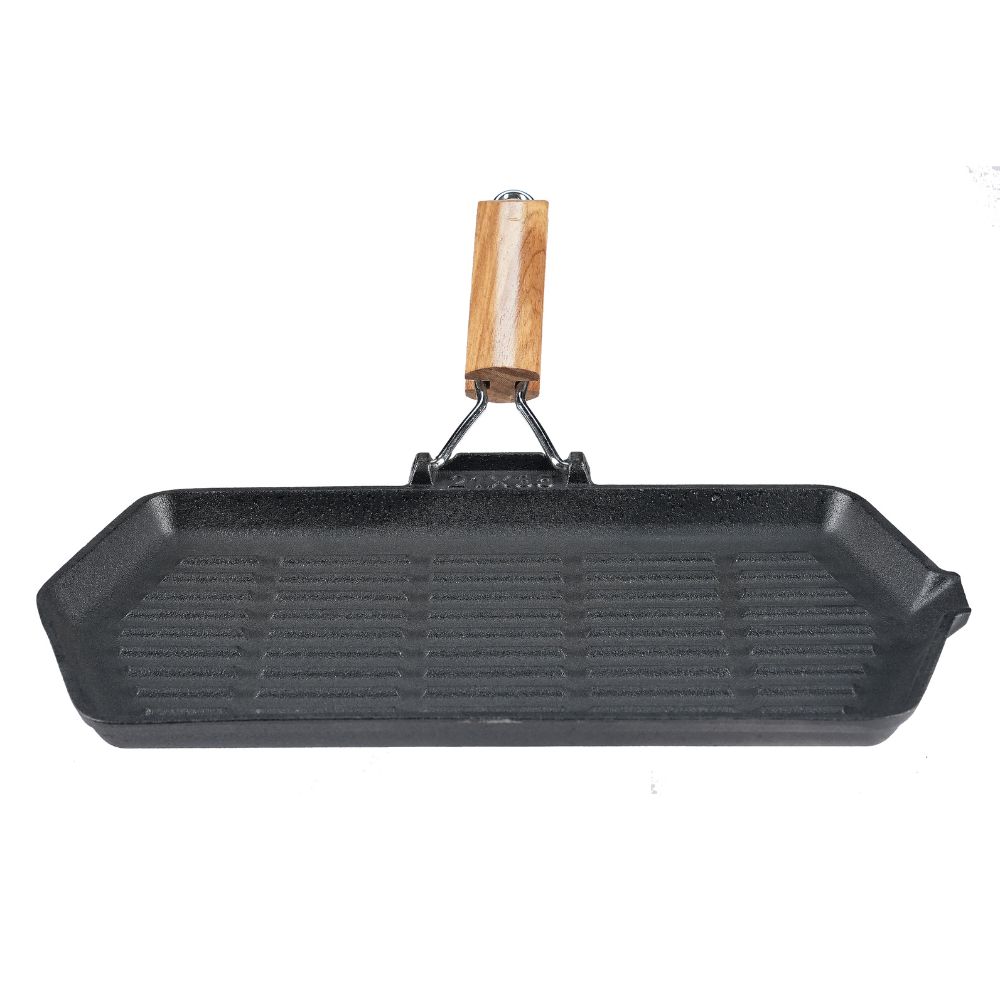 Sartén grill de hierro fundido con mango de madera plegable, 35x21 cm |  |  |