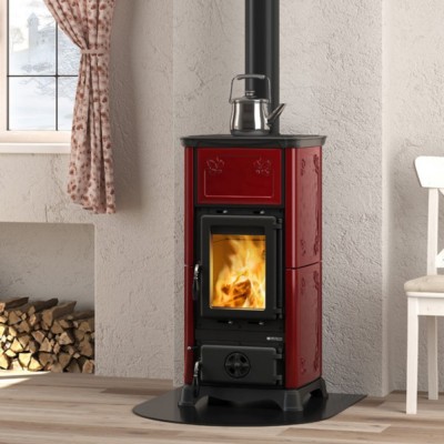 Estufa de leña italiana con placa de cocción La Nordica Emiliana, roja, 6,5kW - Cocinas de leña