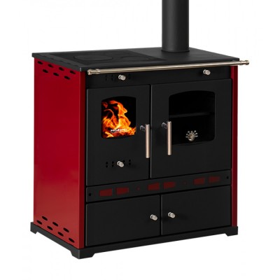 Estufas de leña cocinas Prometey Perfect Eco Lux con salida de humos a la derecha, color burdeos, 7,5 kW - Estufas de leña con horno