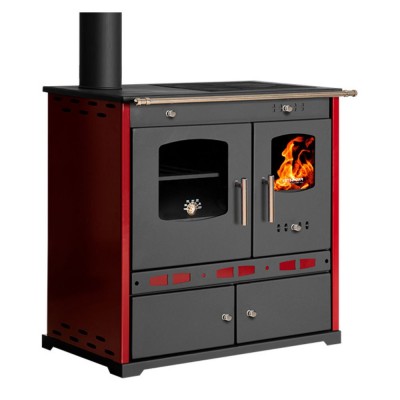 Estufas de leña cocinas Prometey Perfect Eco Lux con salida de humos a la izquierda, color burdeos, 7,5 kW - Estufas de leña con horno