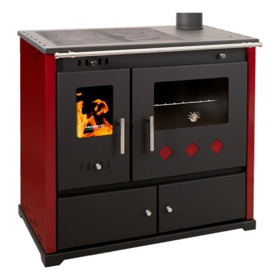 Estufas de leña cocinas Prometey Perfect Practik Lux con salida de humos a la derecha, color burdeos, 9,5 kW - Estufas de leña con horno