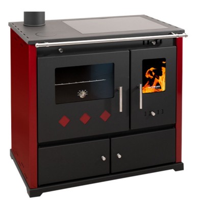 Estufas de leña cocinas Prometey Perfect Practik Lux con placa de cerámica, salida de humos a la izquierda, color burdeos, 9,5 kW - Estufas de leña con horno