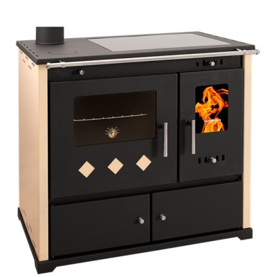 Estufas de leña cocinas Prometey Perfect Practik Lux con placa de cerámica, salida de humos a la izquierda, color marfil, 9,5 kW - Estufas de leña con horno