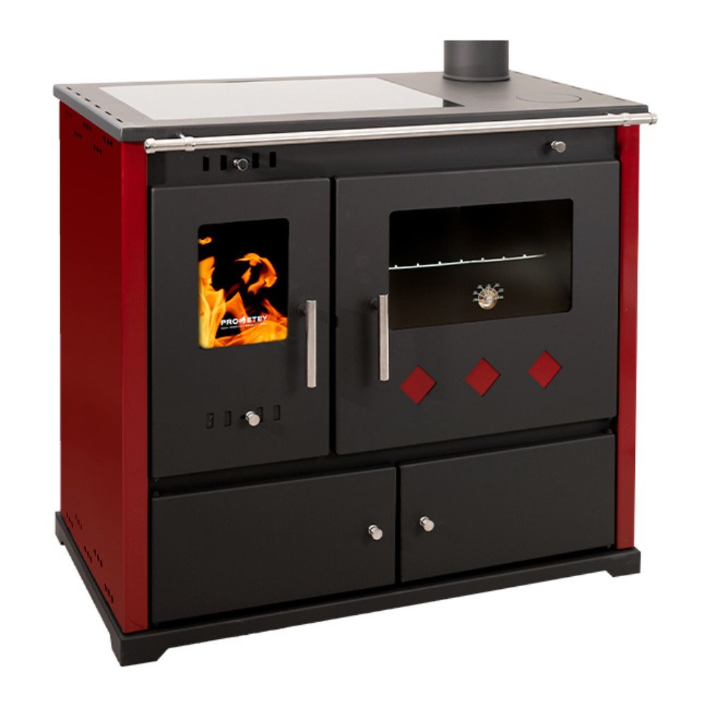 Estufas de leña cocinas Prometey Perfect Practik Lux con placa de cerámica, salida de humos a la derecha, color burdeos, 9,5 kW Estufas de leña cocinas Prometey Perfect Practik Lux con placa de cerámica, salida de humos a la derecha, color burdeos, 9,5 kW