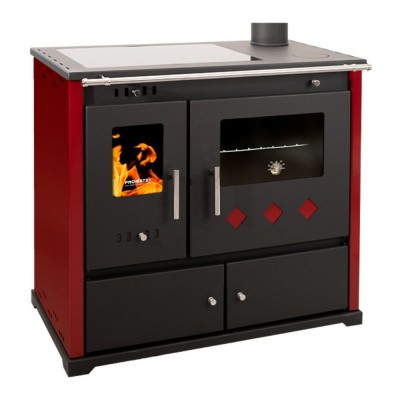 Estufas de leña cocinas Prometey Perfect Practik Lux con placa de cerámica, salida de humos a la derecha, color burdeos, 9,5 kW - Estufas de leña con horno