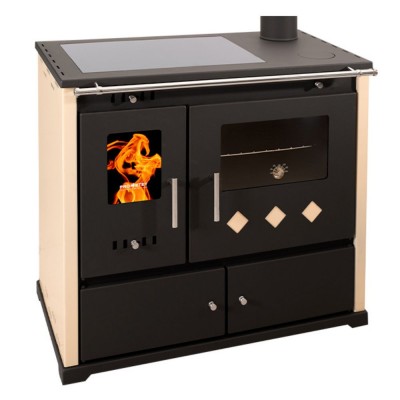 Estufas de leña cocinas Prometey Perfect Practik Lux con placa de cerámica, salida de humos a la derecha, color marfil, 9,5 kW - Estufas de leña con horno