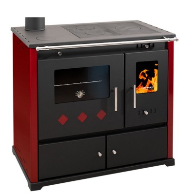 Estufas de leña cocinas Prometey Perfect Practik Lux con salida de humos a la izquierda, color burdeos, 9,5 kW - Estufas de leña con horno