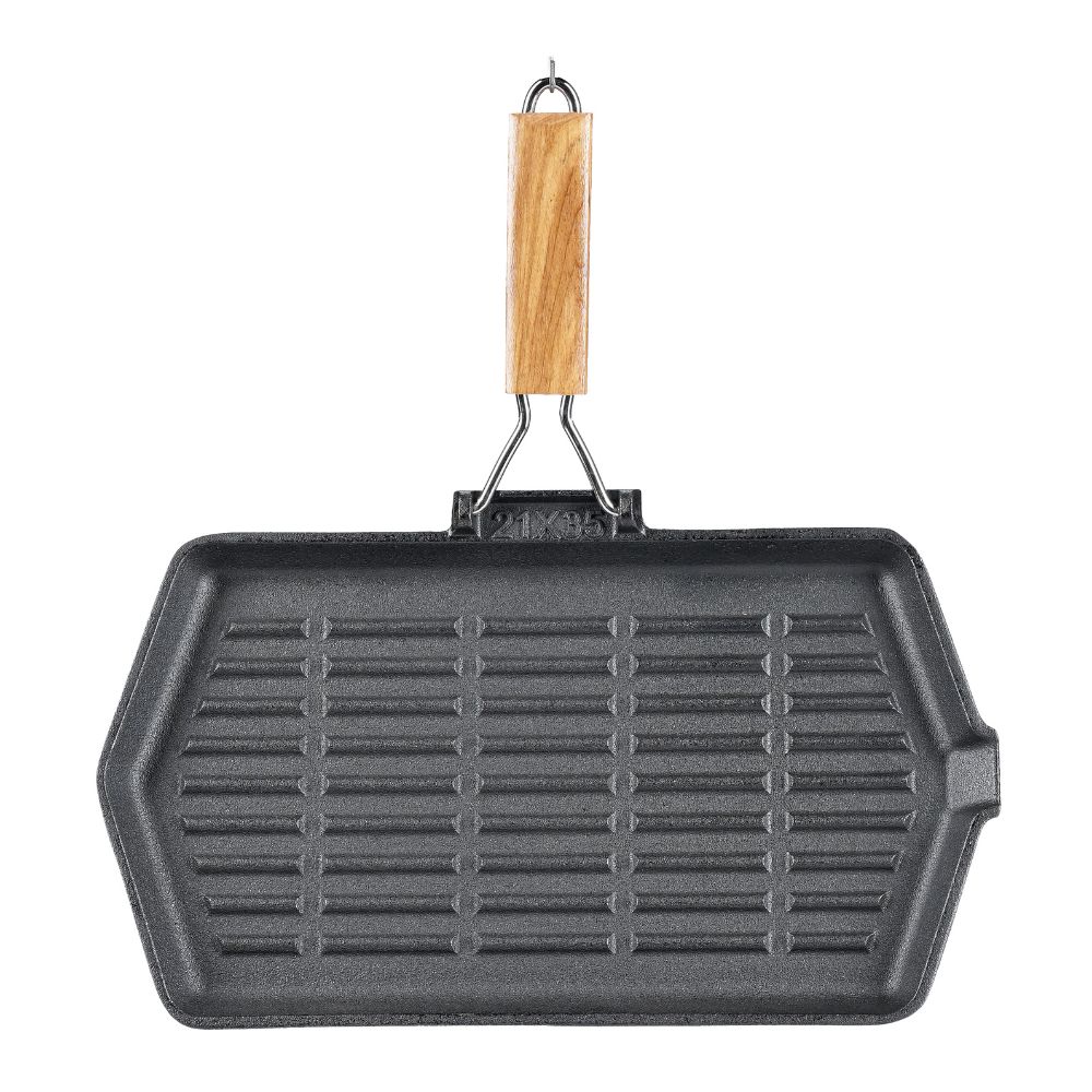 Sartén grill de hierro fundido con mango de madera plegable, 35x21 cm |  |  |
