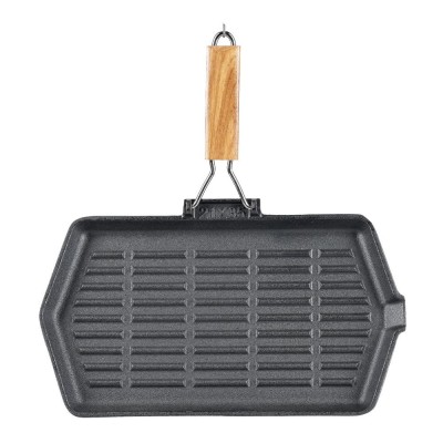 Sartén grill de hierro fundido con mango de madera plegable, 35x21 cm - Comparación de Producto