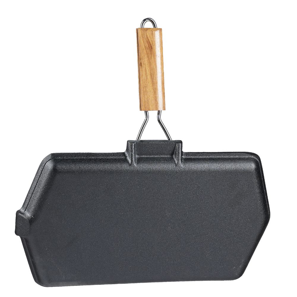 Sartén grill de hierro fundido con mango de madera plegable, 35x21 cm |  |  |