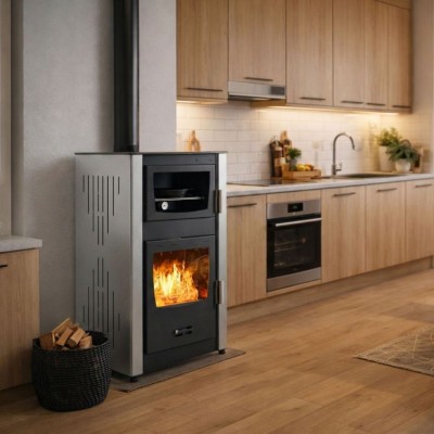 Hidroestufa de leña con horno Velmora Fire ATS HYDRO ΜΑSΙΝΑ 90-25 gris, 25kW - Cocinas de leña