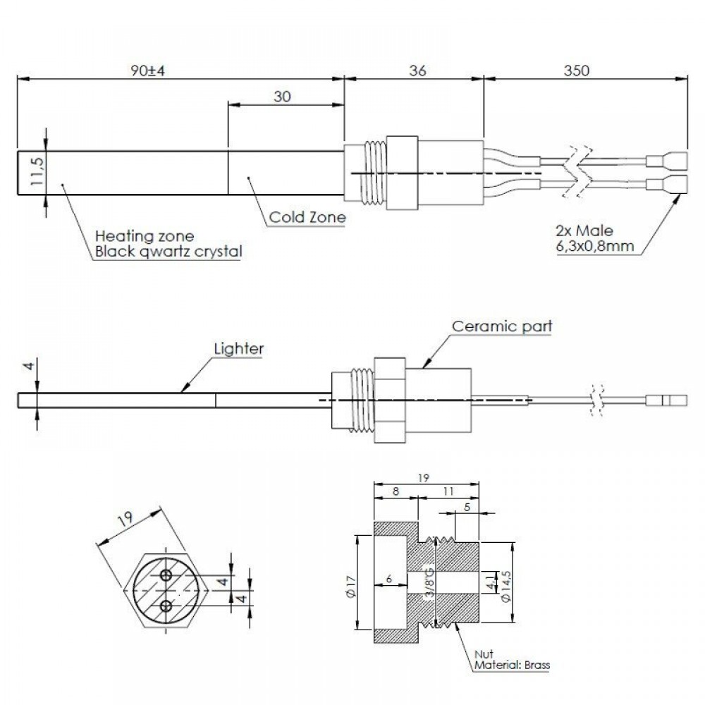 Resistencia con cristal de cuarzo negro para estufas de pellets Karmek One, La Nordica y otras, longitud total 126mm, 300W | Encendedores / Resistencias | Piezas de estufa de pellets |