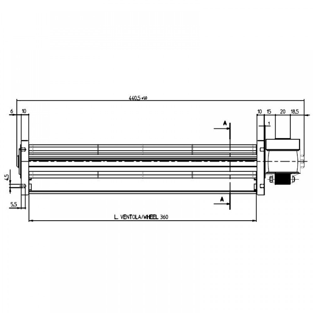 Ventilador tangencial para estufas de pellets Sideros y otras, de Ø45 mm, Caudal 165 m³/h | Ventiladores y sopladores para estufas de pellets | Repuestos estufa de pellets |