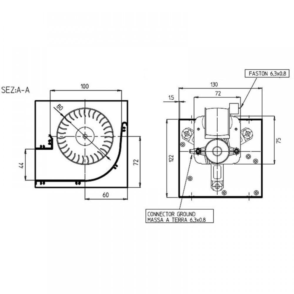 Ventilador tangencial para estufas de pellets Prisma, de Ø80 mm, Caudal 250 m³/h | Ventiladores y sopladores para estufas de pellets | Repuestos estufa de pellets |